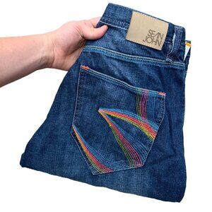 VINTAGE Sean John Embroidered Jeans Size 34 'Rainbow Tidal' Blue